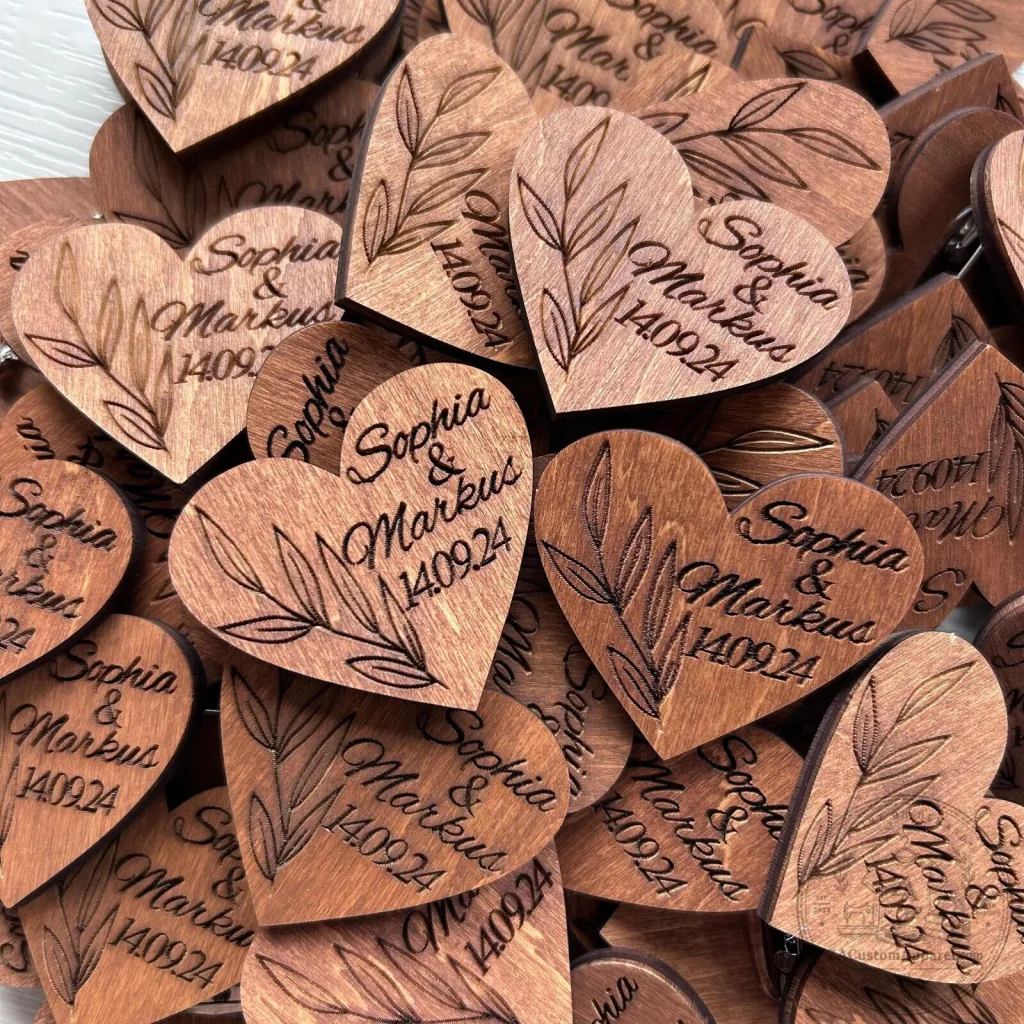 Custom Engraved Wooden Heart Wedding Favor Tags with Sophia and Markus Design