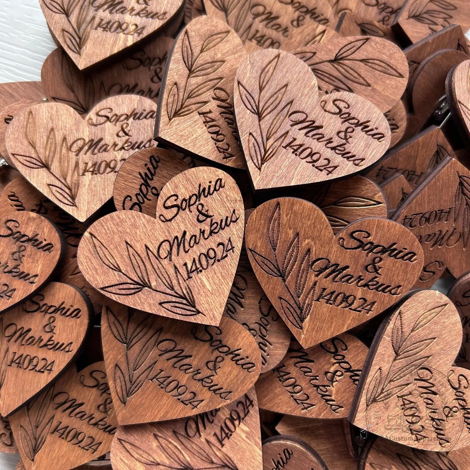 Custom Engraved Wooden Heart Wedding Favor Tags with Sophia and Markus Design