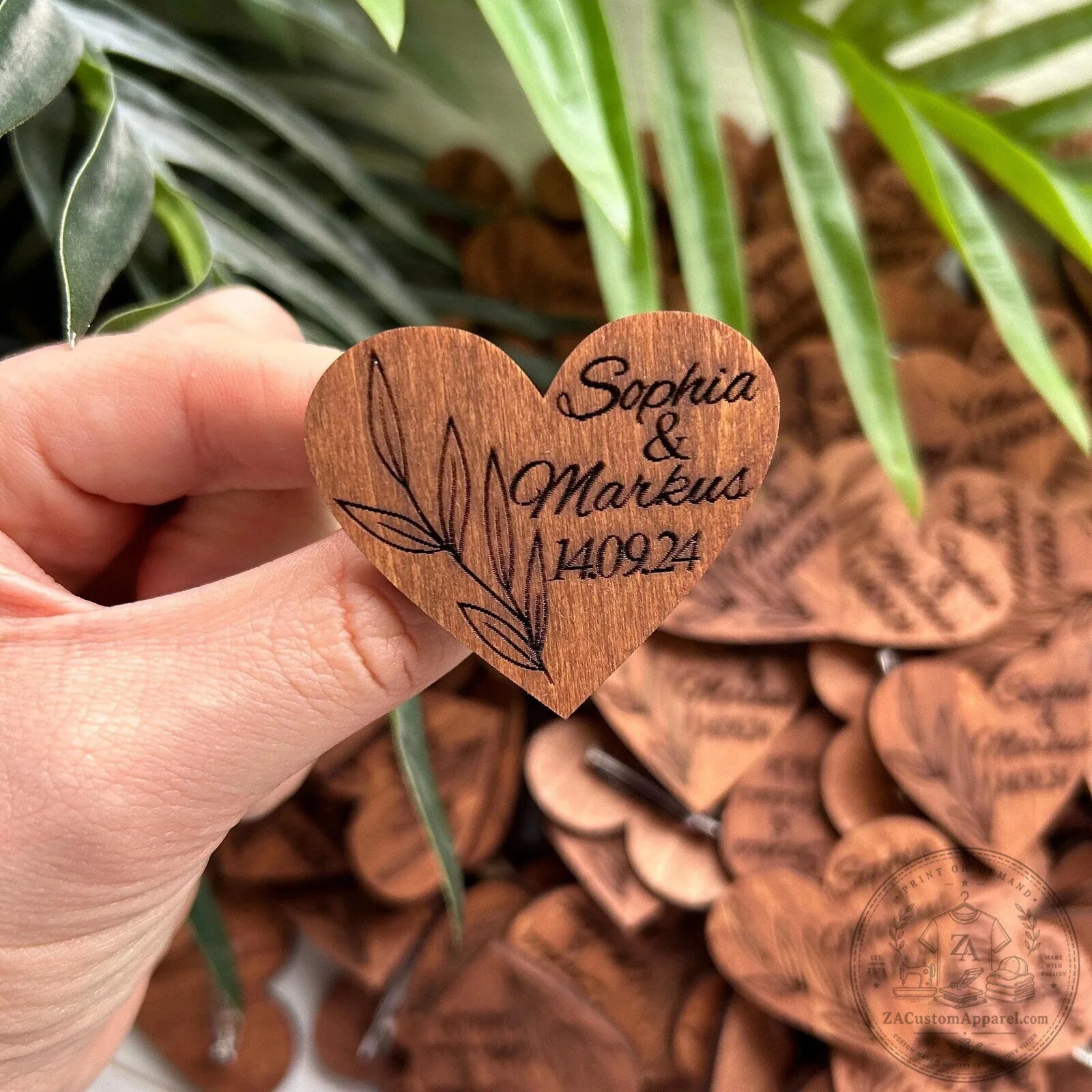 Custom Engraved Wooden Heart Wedding Favor Tags with Sophia and Markus Design – image 2 of 6