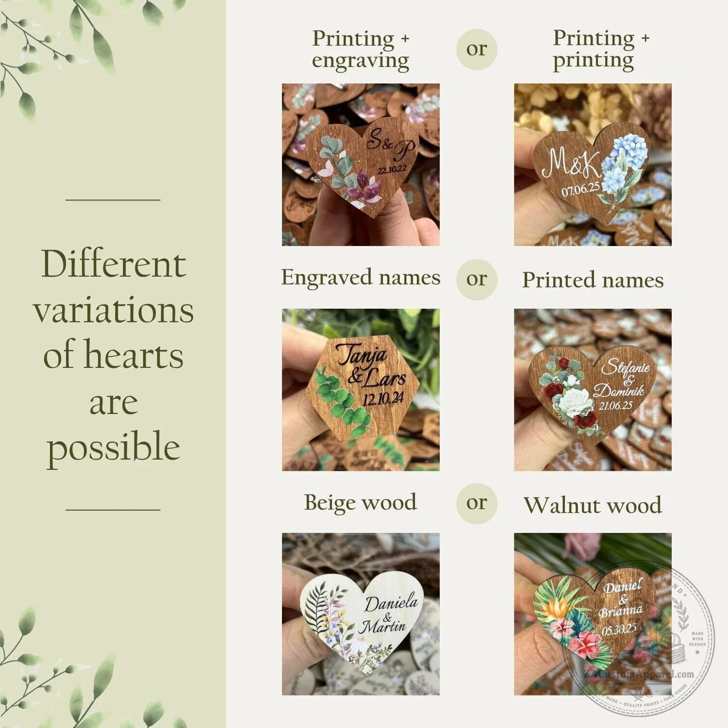 Custom Engraved Wooden Heart Wedding Favor Tags with Sophia and Markus Design – image 4 of 6