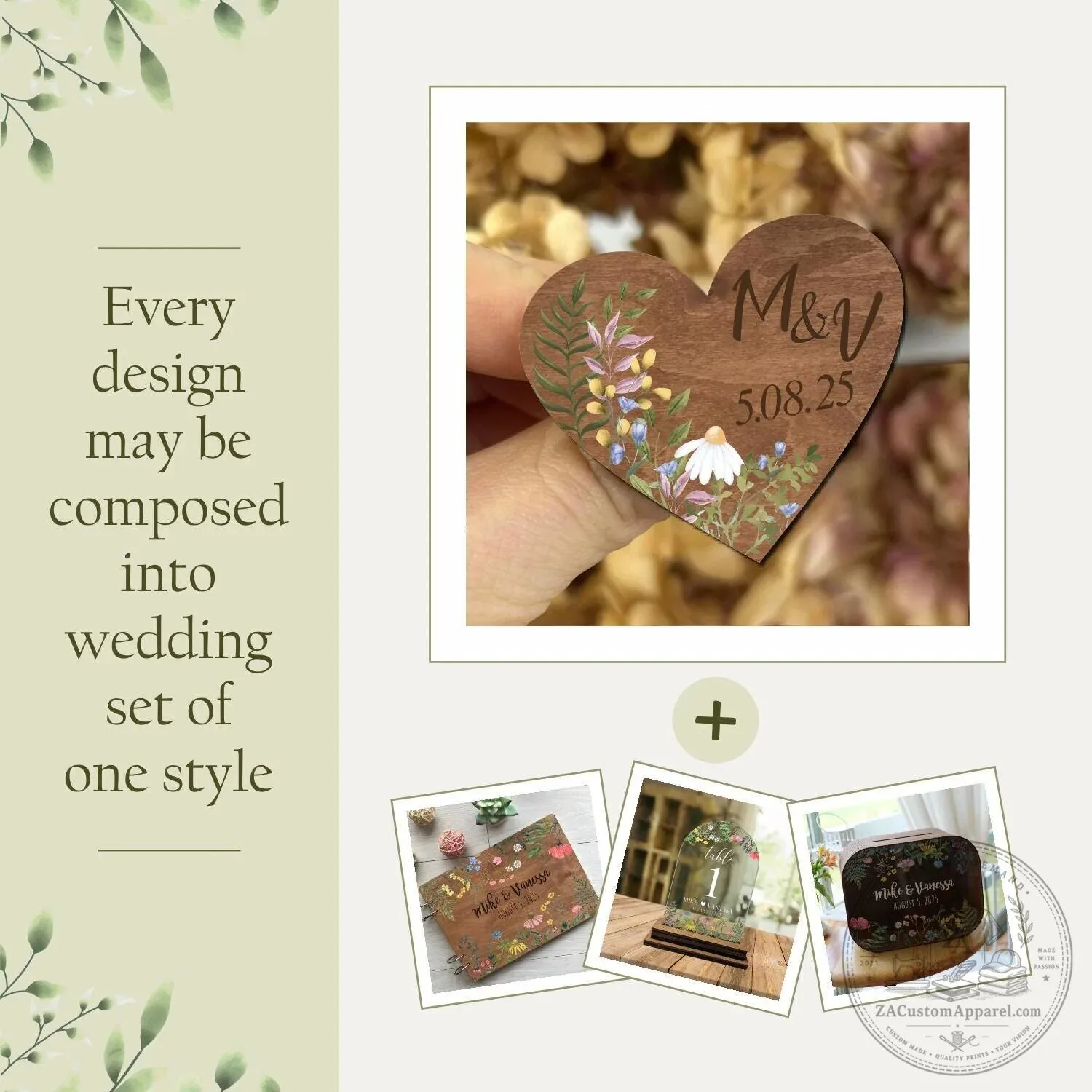 Custom Engraved Wooden Heart Wedding Favor Tags with Sophia and Markus Design – image 5 of 6