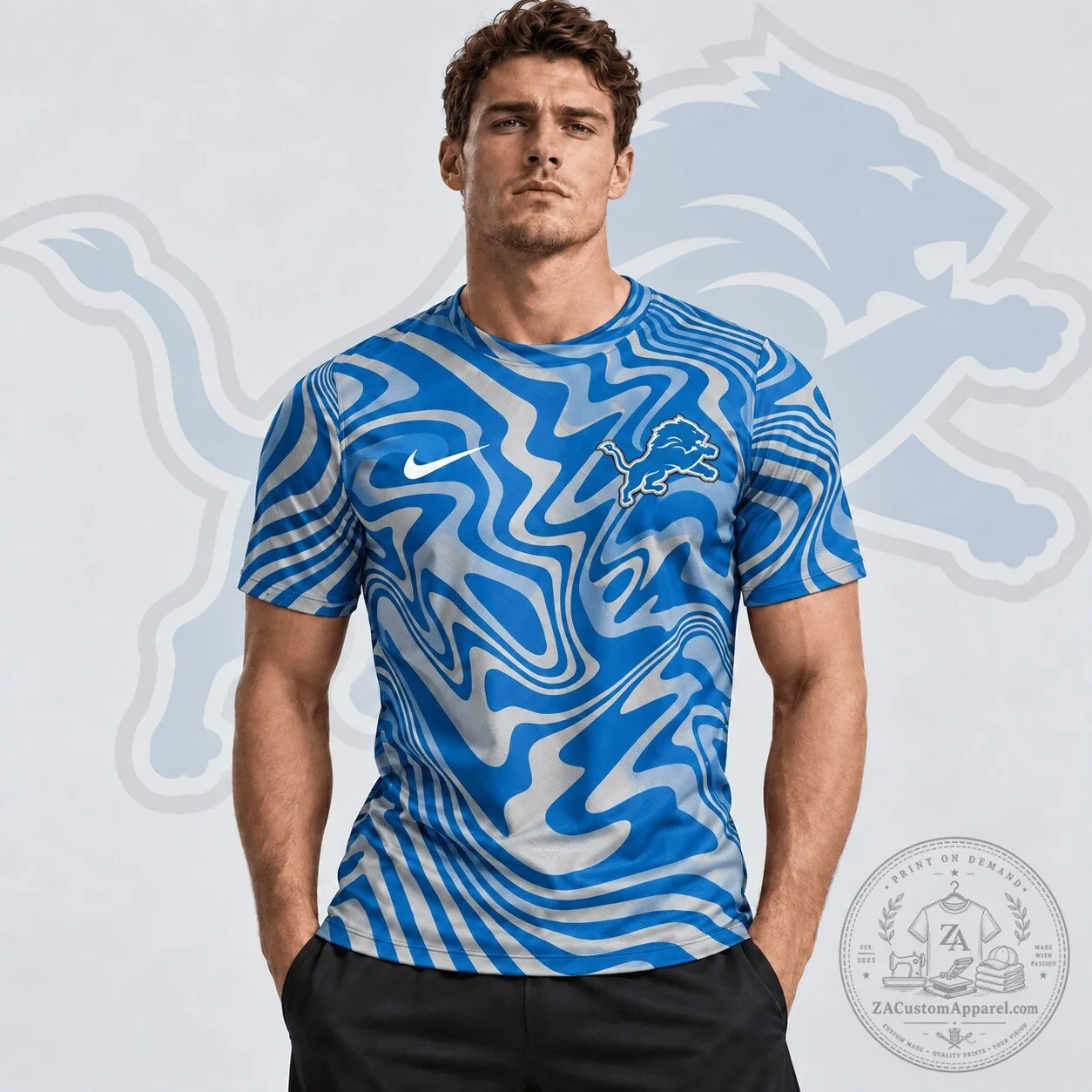 Detroit Lions NFL Team Crest Abstract Wave All Over Print Performance T-Shirt 1 Detroit Lions NFL Team Crest Abstract Wave All Over Print Performance T-Shirt