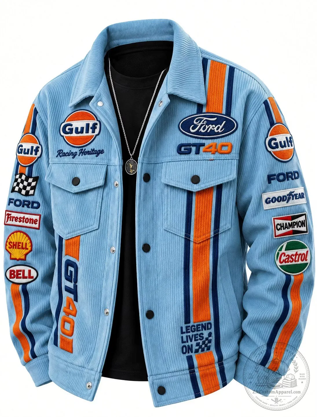 Ford GT40 Racing Heritage Gulf Oil Corduroy Jacket with Patches 1 Ford GT40 Racing Heritage Gulf Oil Corduroy Jacket with Patches