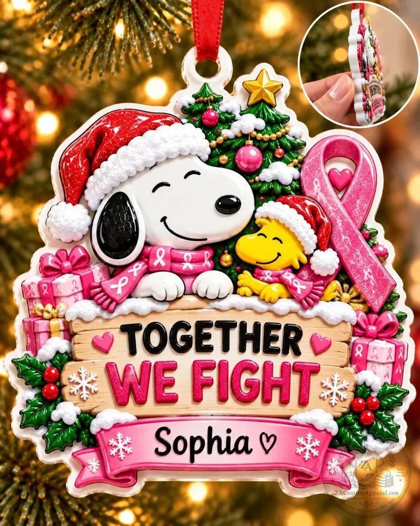 Snoopy Breast Cancer Awareness Christmas Ornament Together We Fight Personalized 73 Snoopy Breast Cancer Awareness Christmas Ornament Together We Fight Personalized