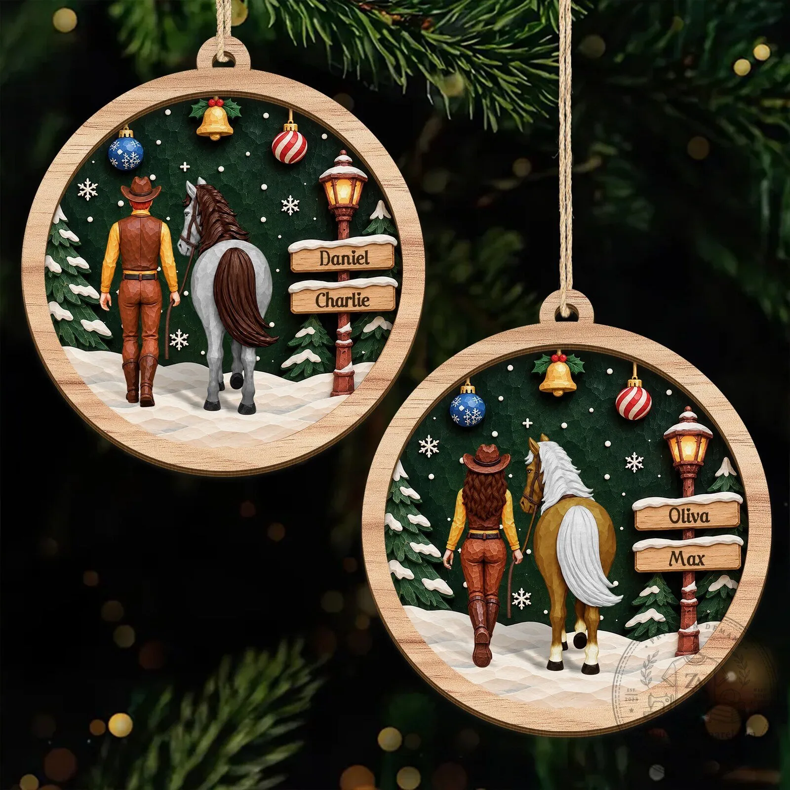 Personalized Horse Rider and Horse Winter Scene Wooden Christmas Tree Ornament 7 Personalized Horse Rider and Horse Winter Scene Wooden Christmas Tree Ornament