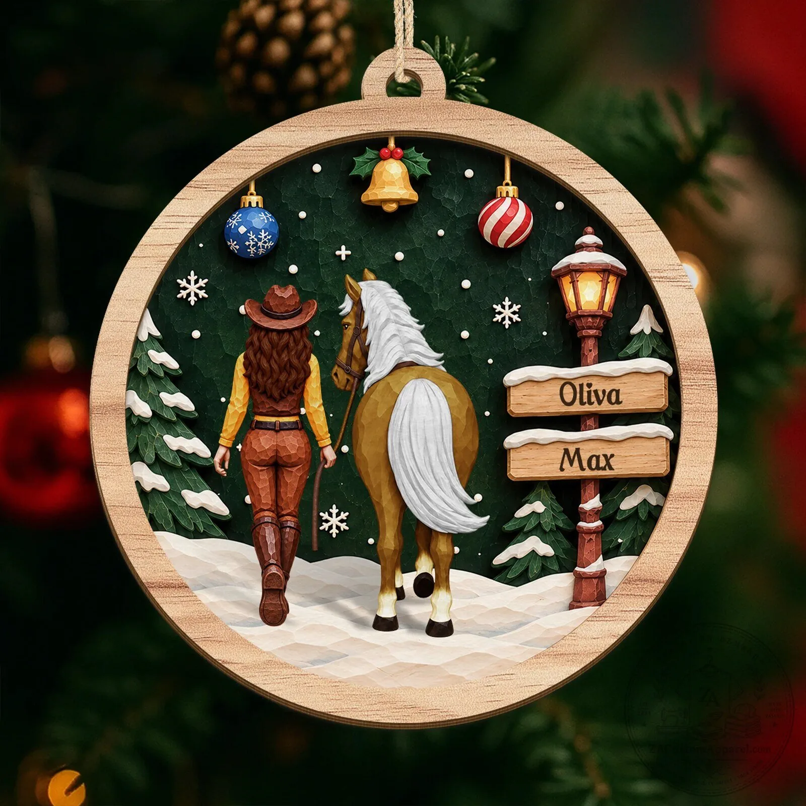 Personalized Horse Rider and Horse Winter Scene Wooden Christmas Tree Ornament 8 Personalized Horse Rider and Horse Winter Scene Wooden Christmas Tree Ornament