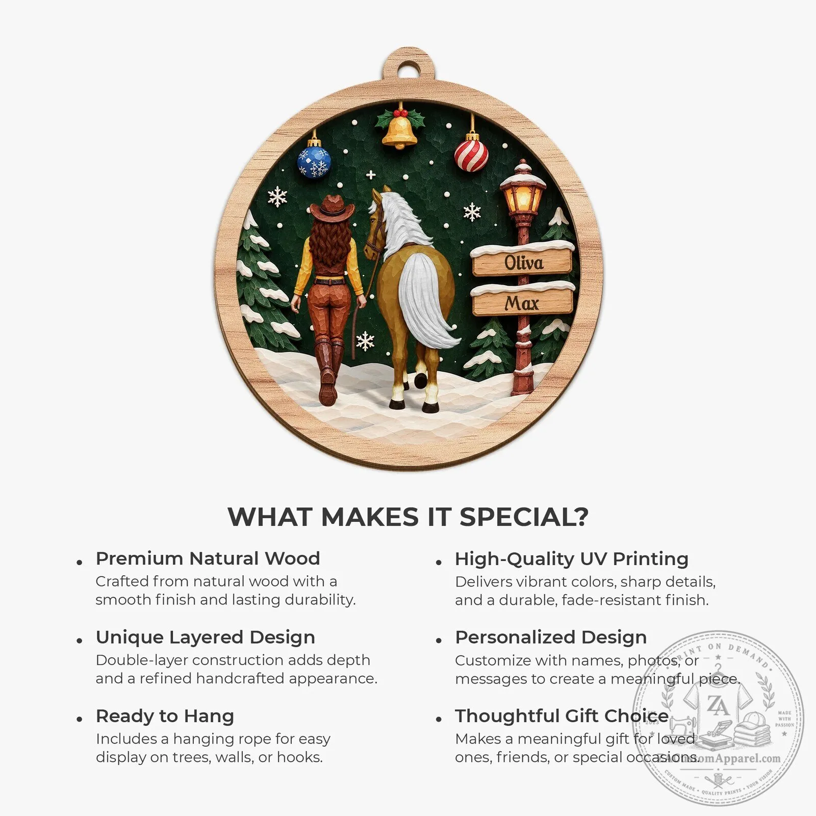 Personalized Horse Rider and Horse Winter Scene Wooden Christmas Tree Ornament 9 Personalized Horse Rider and Horse Winter Scene Wooden Christmas Tree Ornament