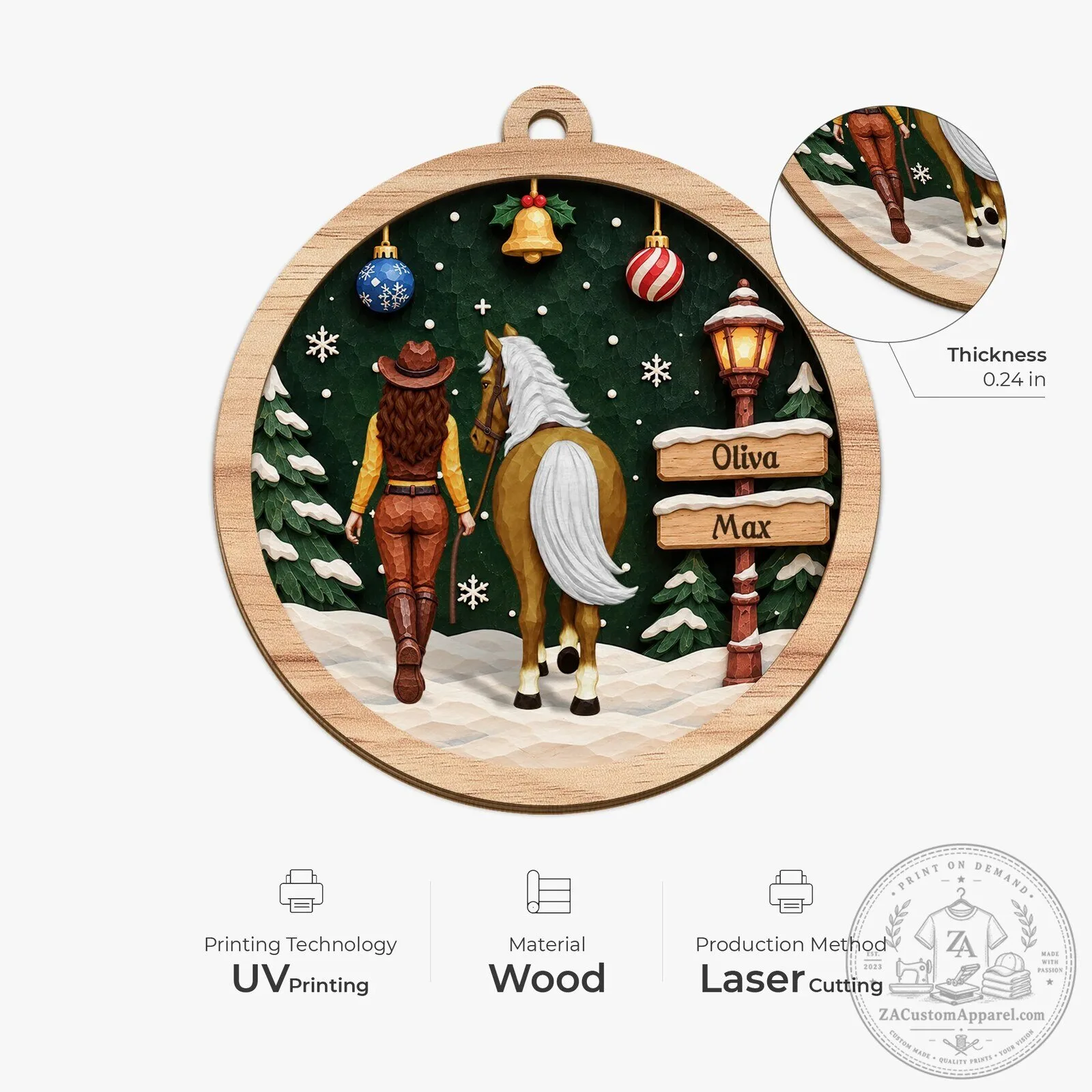 Personalized Horse Rider and Horse Winter Scene Wooden Christmas Tree Ornament 10 Personalized Horse Rider and Horse Winter Scene Wooden Christmas Tree Ornament