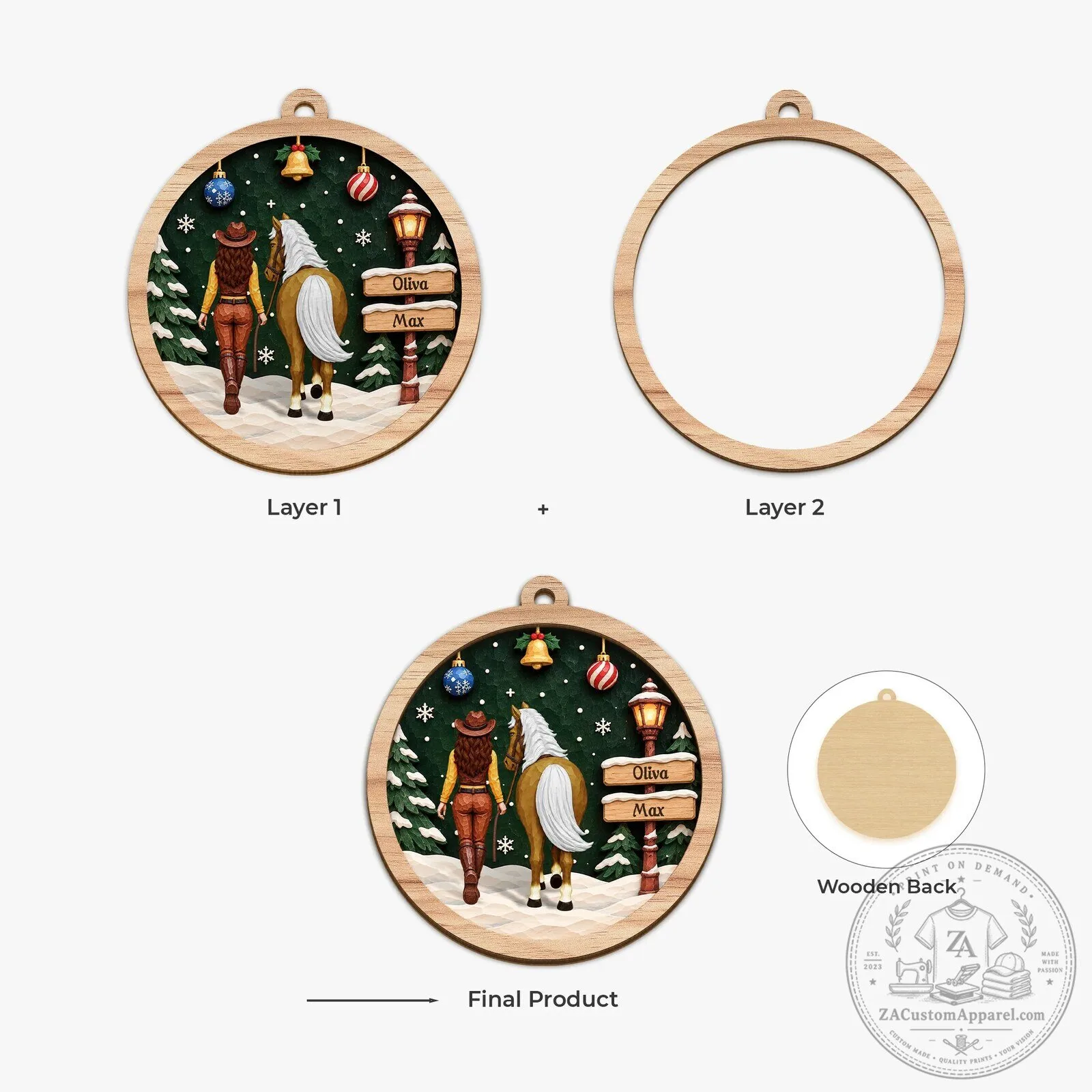 Personalized Horse Rider and Horse Winter Scene Wooden Christmas Tree Ornament 12 Personalized Horse Rider and Horse Winter Scene Wooden Christmas Tree Ornament