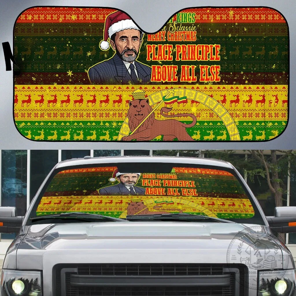 Ethiopia Haile Selassie Christmas Ugly Pattern Car Sunshade 4 Ethiopia Haile Selassie Christmas Ugly Pattern Car Sunshade