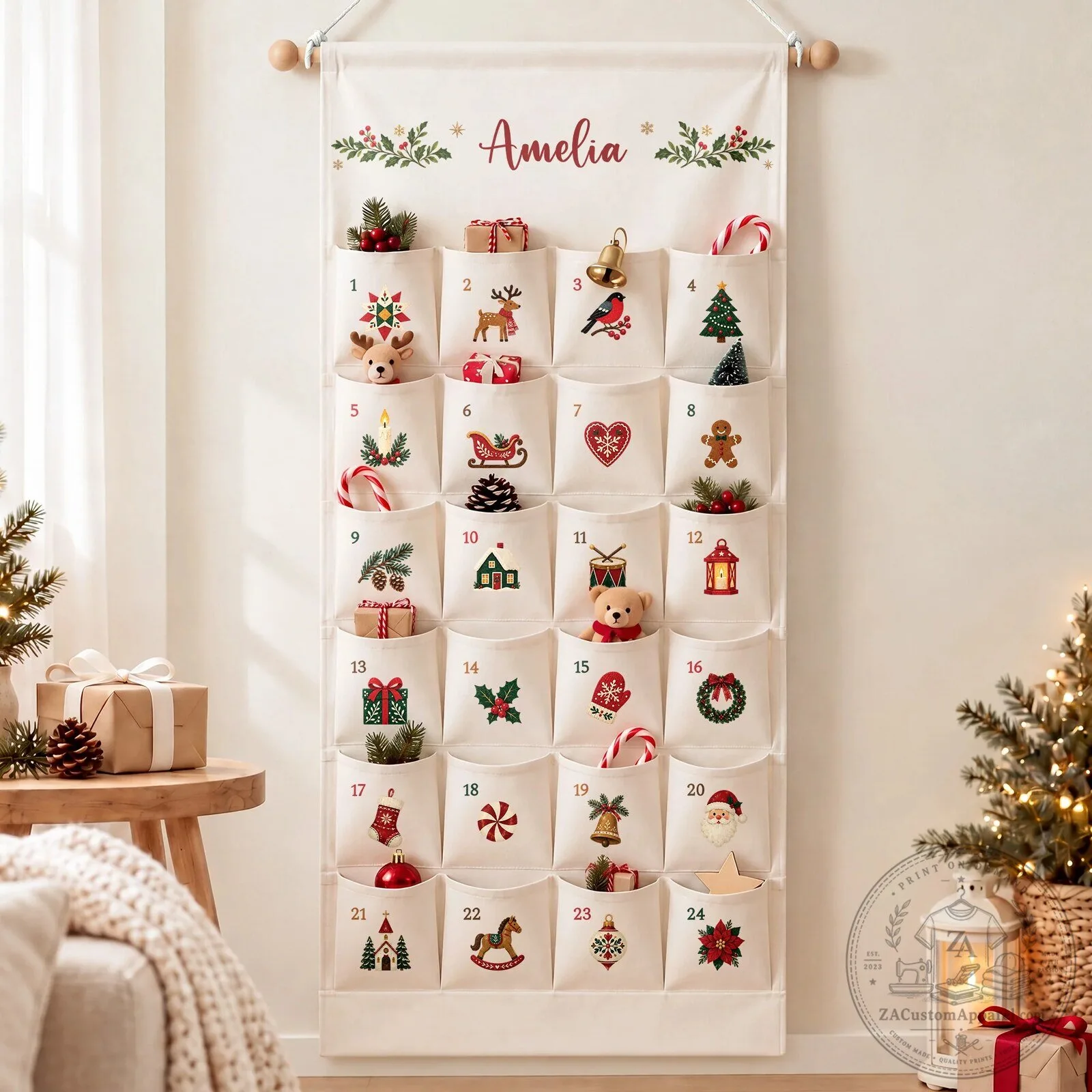 Personalized Christmas Countdown Advent Calendar with Pockets and Name 6 Personalized Christmas Countdown Advent Calendar with Pockets and Name
