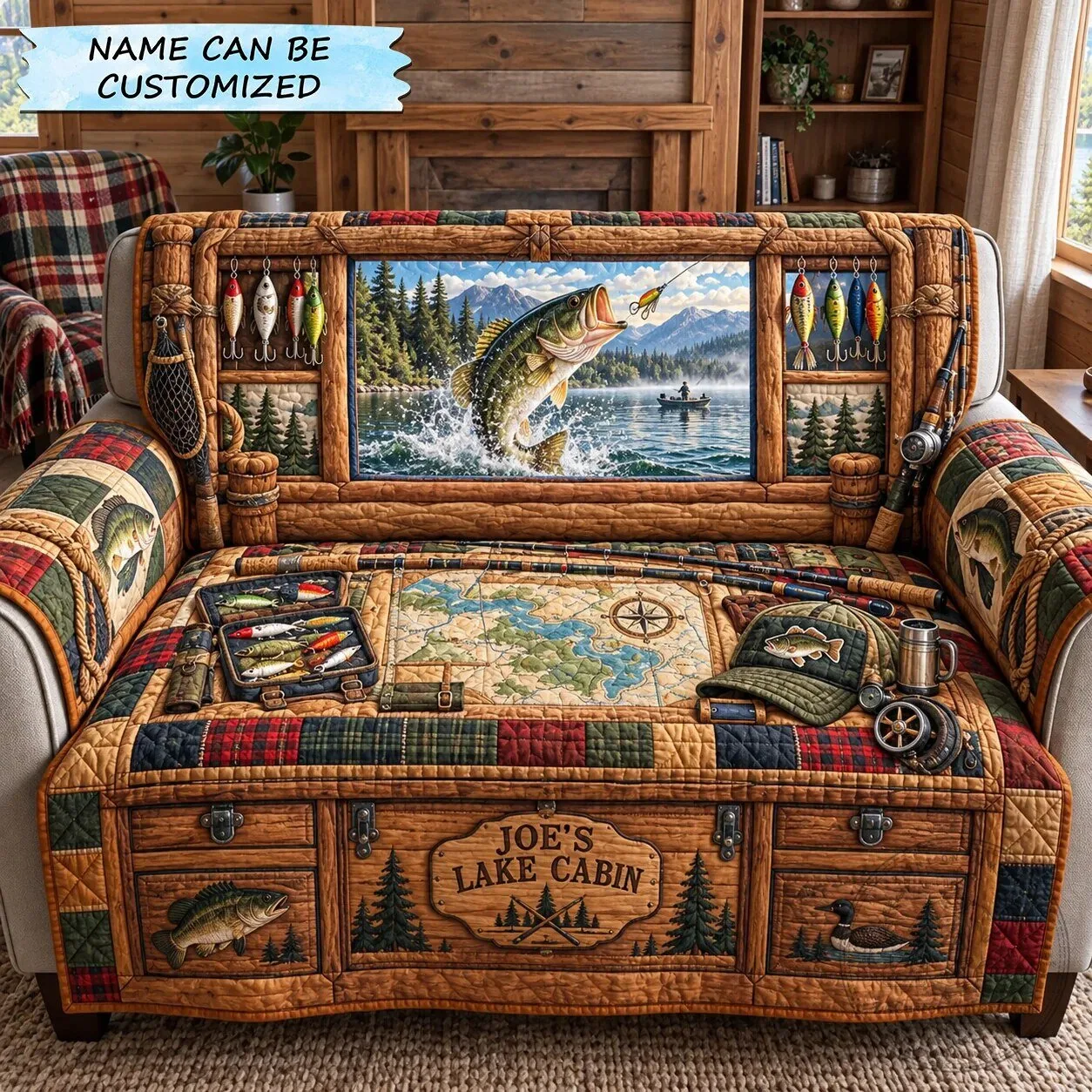 Personalized Lake Cabin Fishing Bass Jumping Quilted Sofa Cover 9 Personalized Lake Cabin Fishing Bass Jumping Quilted Sofa Cover