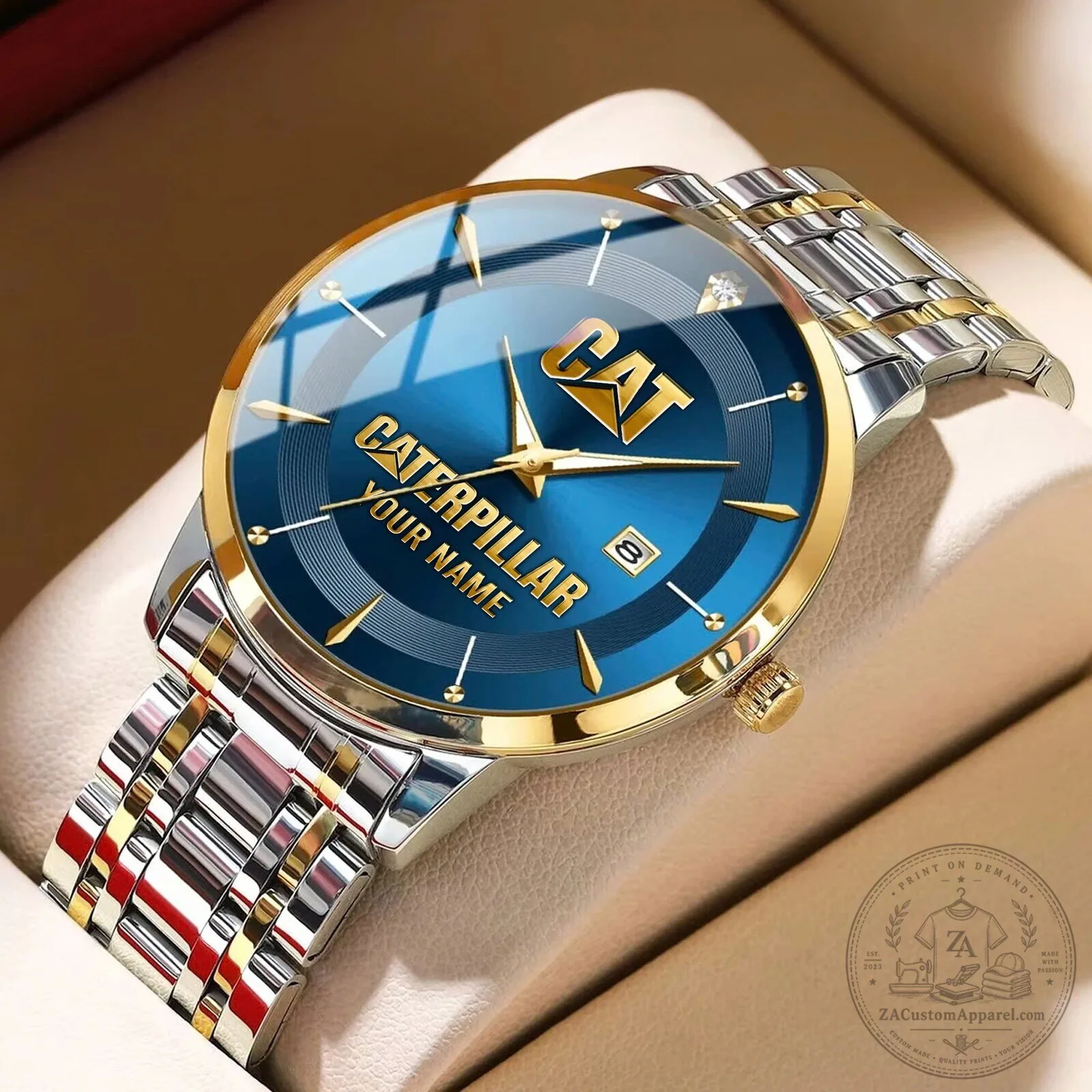 Caterpillar Custom Name Blue Dial Gold Bezel Stainless Steel Watch 5 Caterpillar Custom Name Blue Dial Gold Bezel Stainless Steel Watch