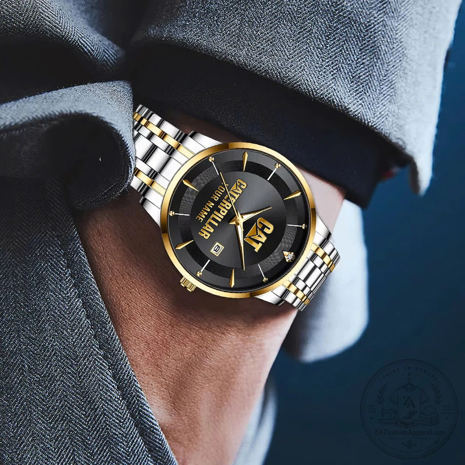 Caterpillar Custom Name Blue Dial Gold Bezel Stainless Steel Watch 6 Caterpillar Custom Name Blue Dial Gold Bezel Stainless Steel Watch