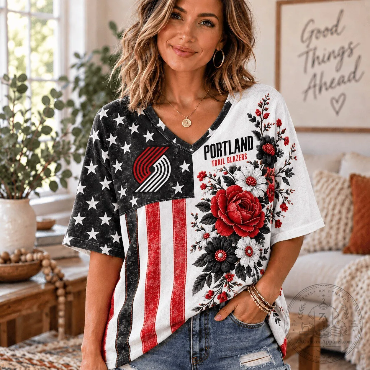 Portland Trail Blazers NBA Fan Shirt, Patriotic Floral V-Neck T-Shirt for Women 1 Portland Trail Blazers NBA Fan Shirt, Patriotic Floral V-Neck T-Shirt for Women