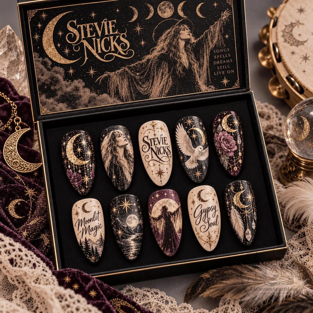 Stevie Nicks Moonlit Bohemian Portrait Art Press-On Nail Set