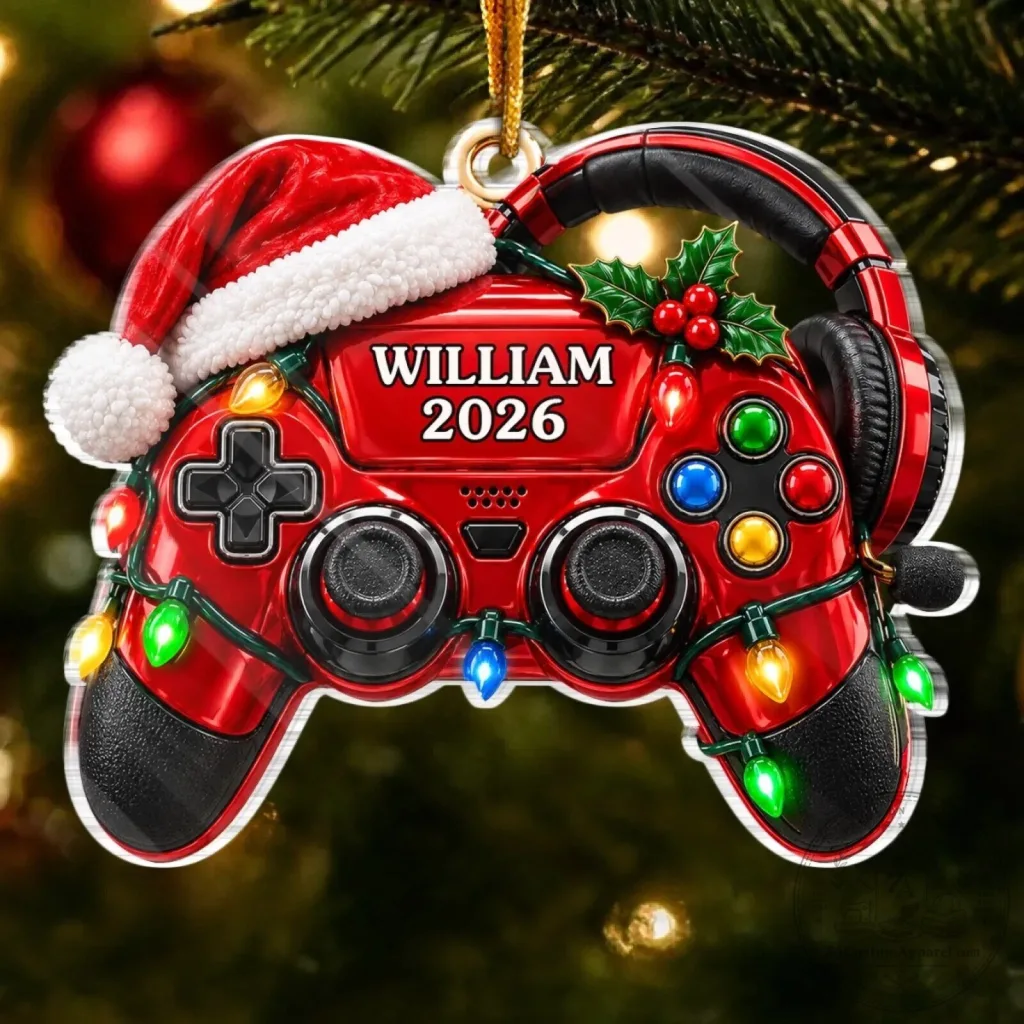 Personalized Gamer Controller Christmas Tree Ornament with Santa Hat and Lights Personalized Gamer Controller Christmas Tree Ornament with Santa Hat and Lights