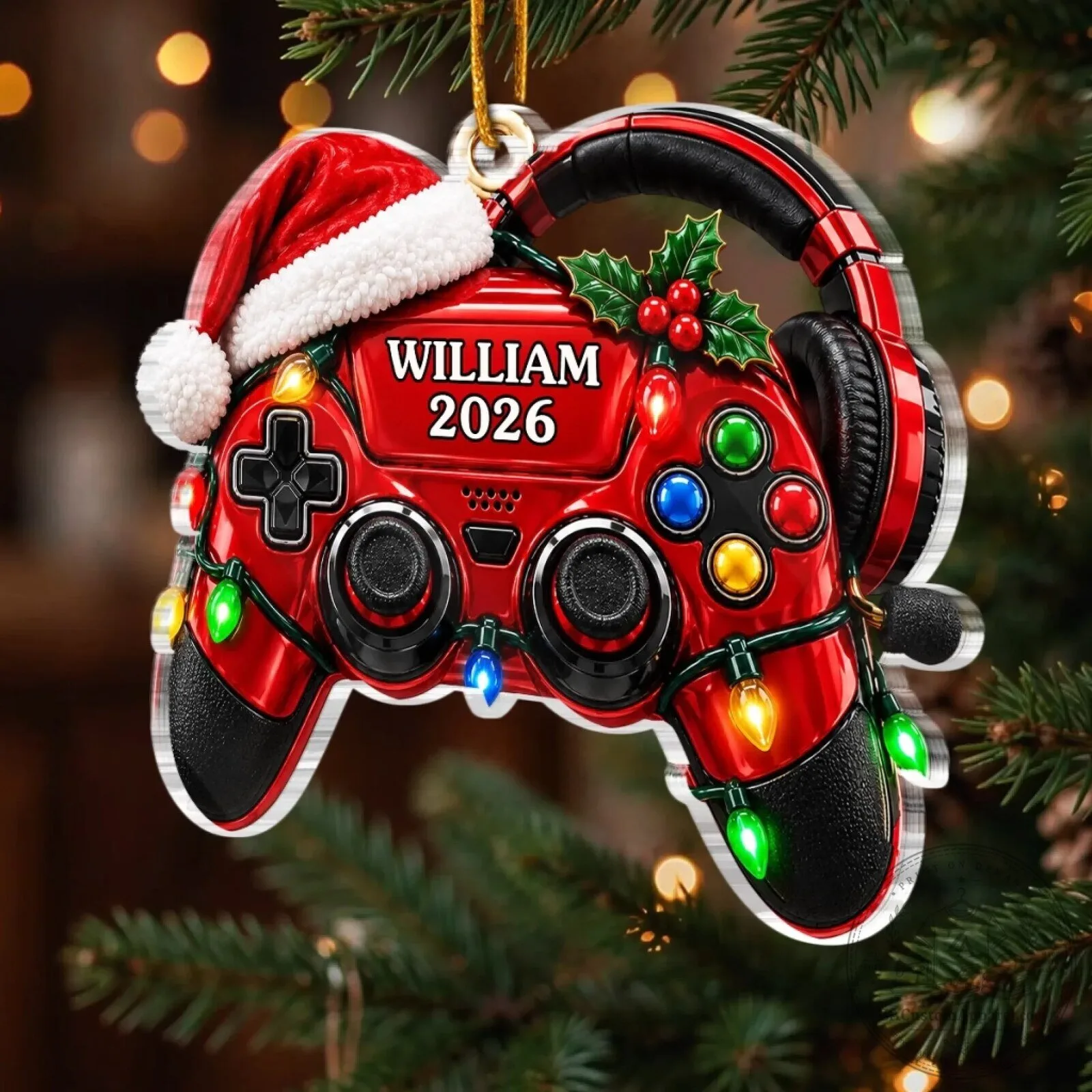 Personalized Gamer Controller Christmas Tree Ornament with Santa Hat and Lights 7 Personalized Gamer Controller Christmas Tree Ornament with Santa Hat and Lights