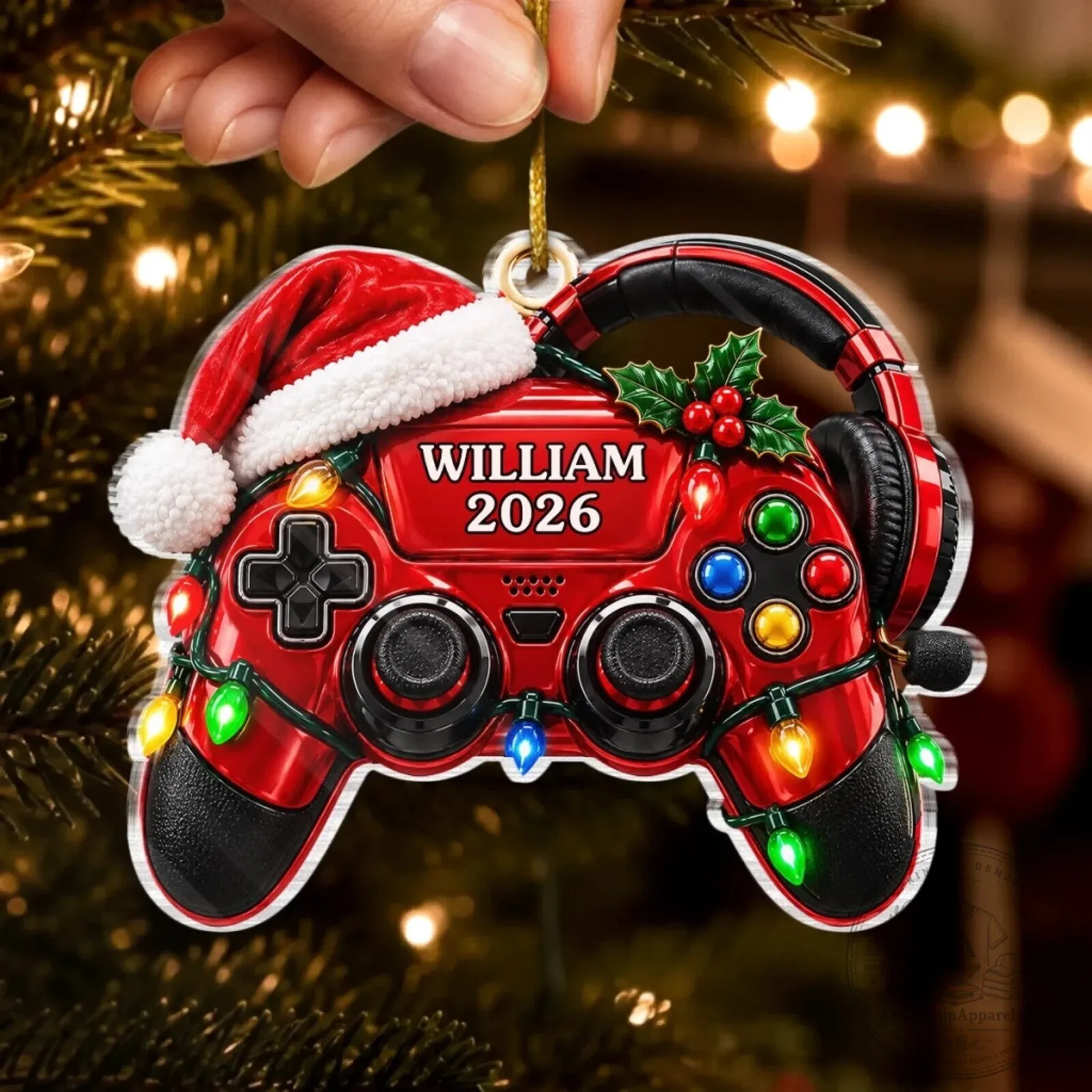 Personalized Gamer Controller Christmas Tree Ornament with Santa Hat and Lights 8 Personalized Gamer Controller Christmas Tree Ornament with Santa Hat and Lights