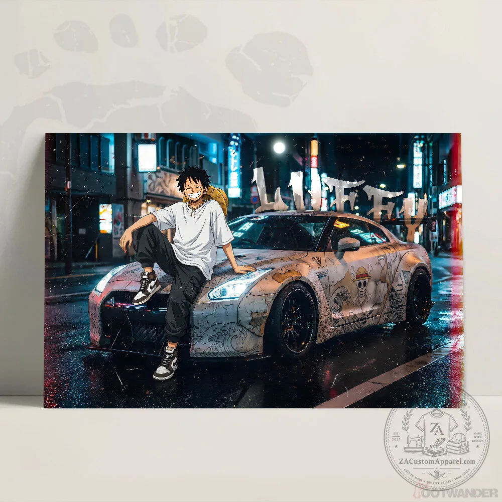 Monkey D. Luffy One Piece Anime Nissan GTR Car Night City Canvas Wall Art