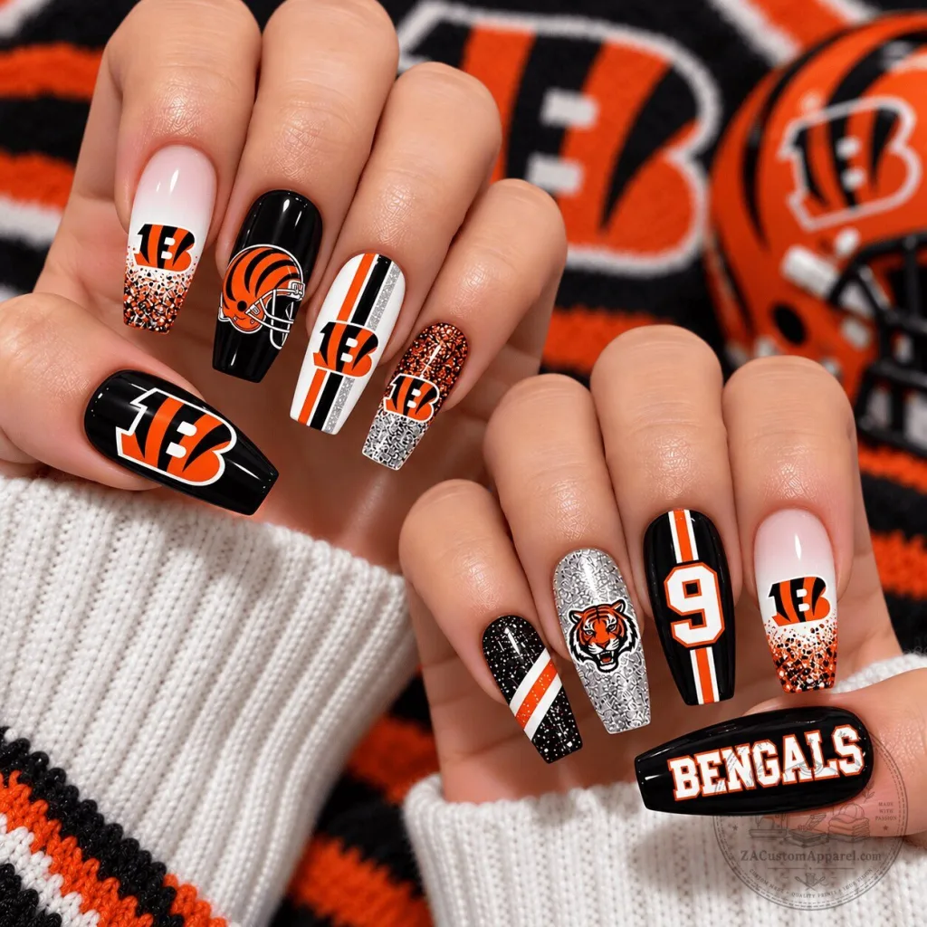 Cincinnati Bengals Football Team Glitter Press On Nails Set Cincinnati Bengals Football Team Glitter Press On Nails Set