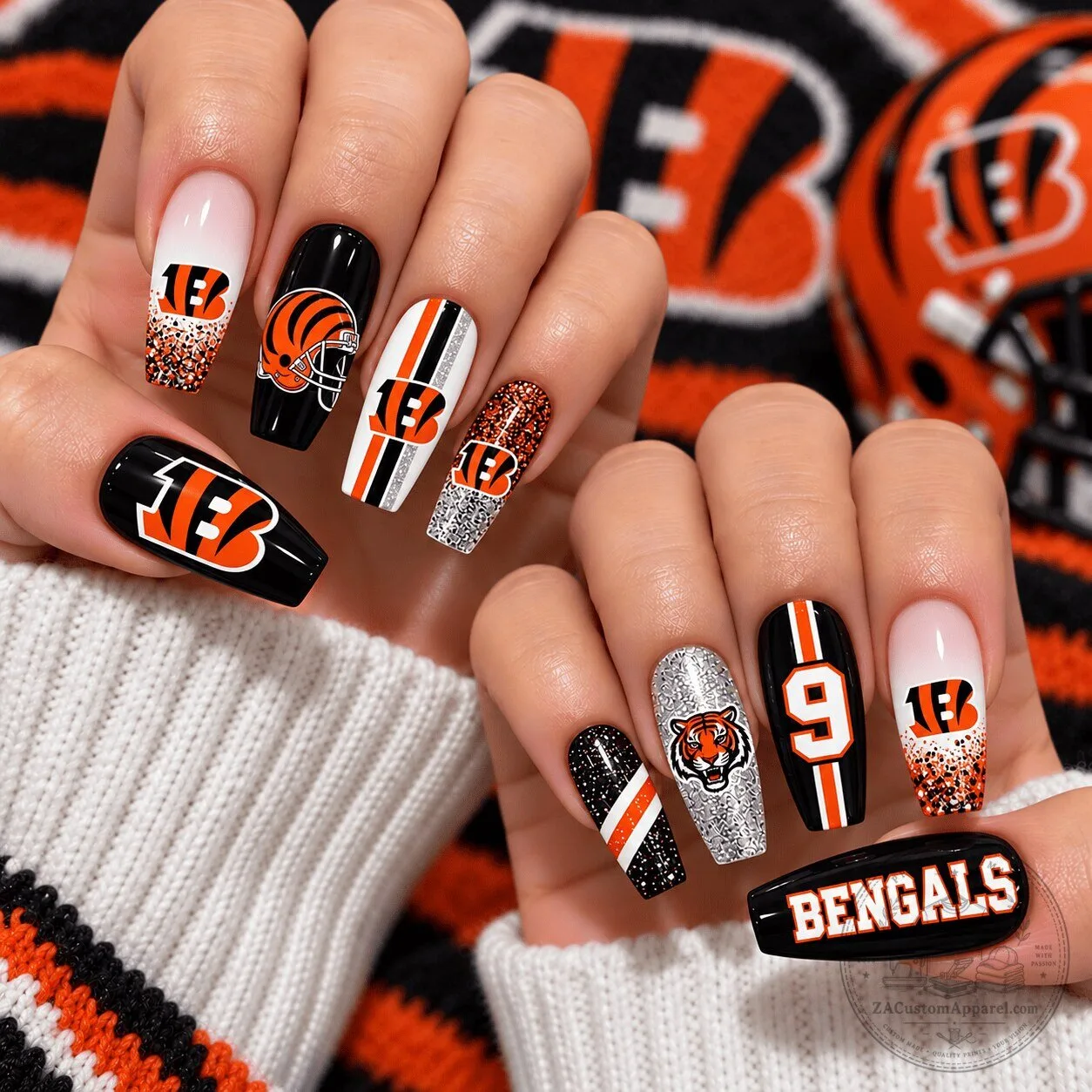 Cincinnati Bengals Football Team Glitter Press On Nails Set 1 Cincinnati Bengals Football Team Glitter Press On Nails Set