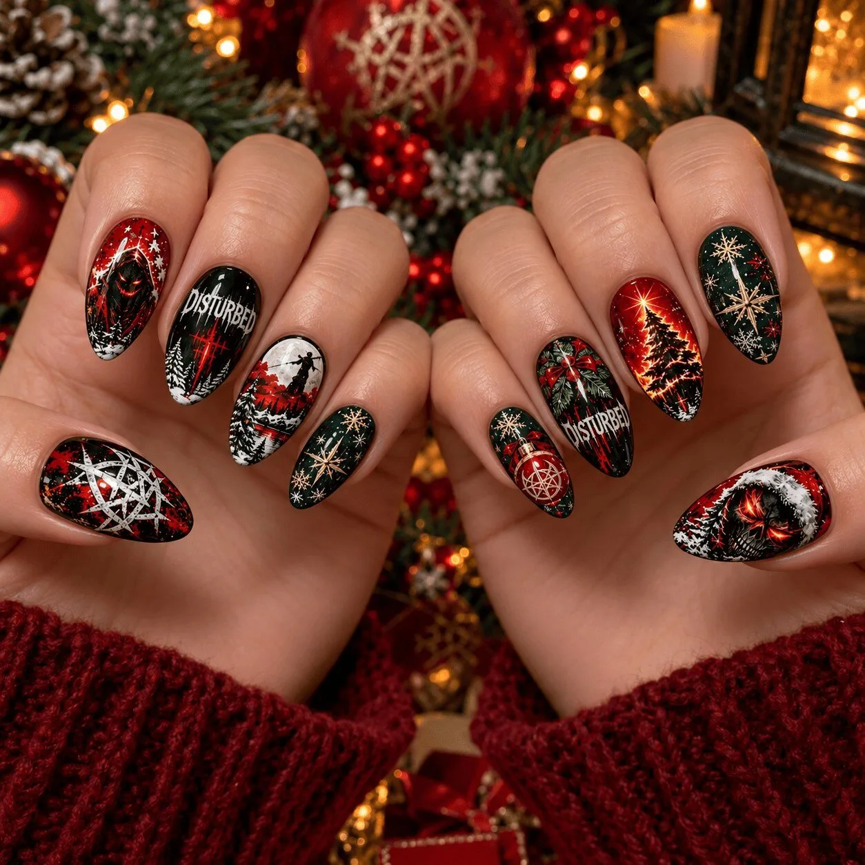 Disturbed Christmas Holiday Winter Tree Pentagram Press On Nails