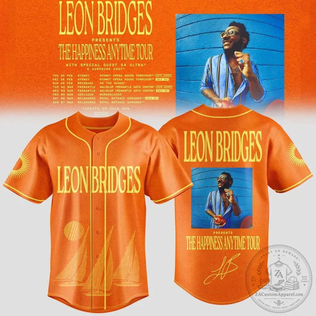 Leon Bridges The Happiness Anytime Tour Orange Baseball Jersey Leon Bridges The Happiness Anytime Tour Orange Baseball Jersey
