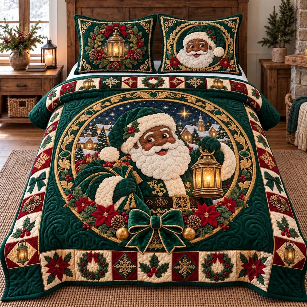 African American Santa Claus Christmas Quilted Bedding Set African American Santa Claus Christmas Quilted Bedding Set