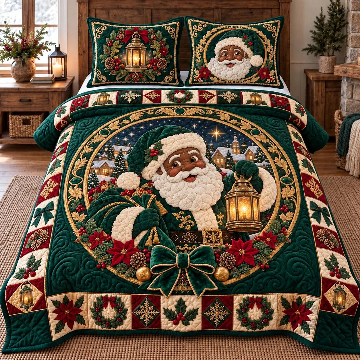 African American Santa Claus Christmas Quilted Bedding Set