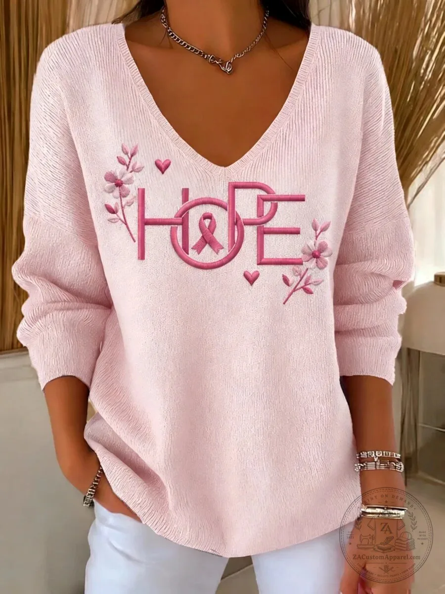 Pink Hope Breast Cancer Awareness Month V-Neck Long Sleeve Sweater Top