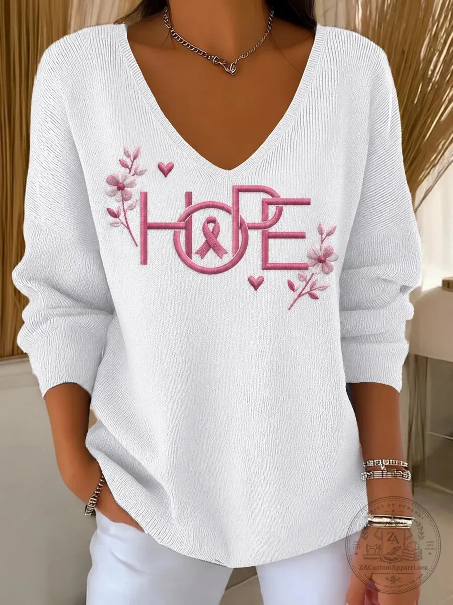 Pink Hope Breast Cancer Awareness Month V-Neck Long Sleeve Sweater Top 4 Pink Hope Breast Cancer Awareness Month V-Neck Long Sleeve Sweater Top