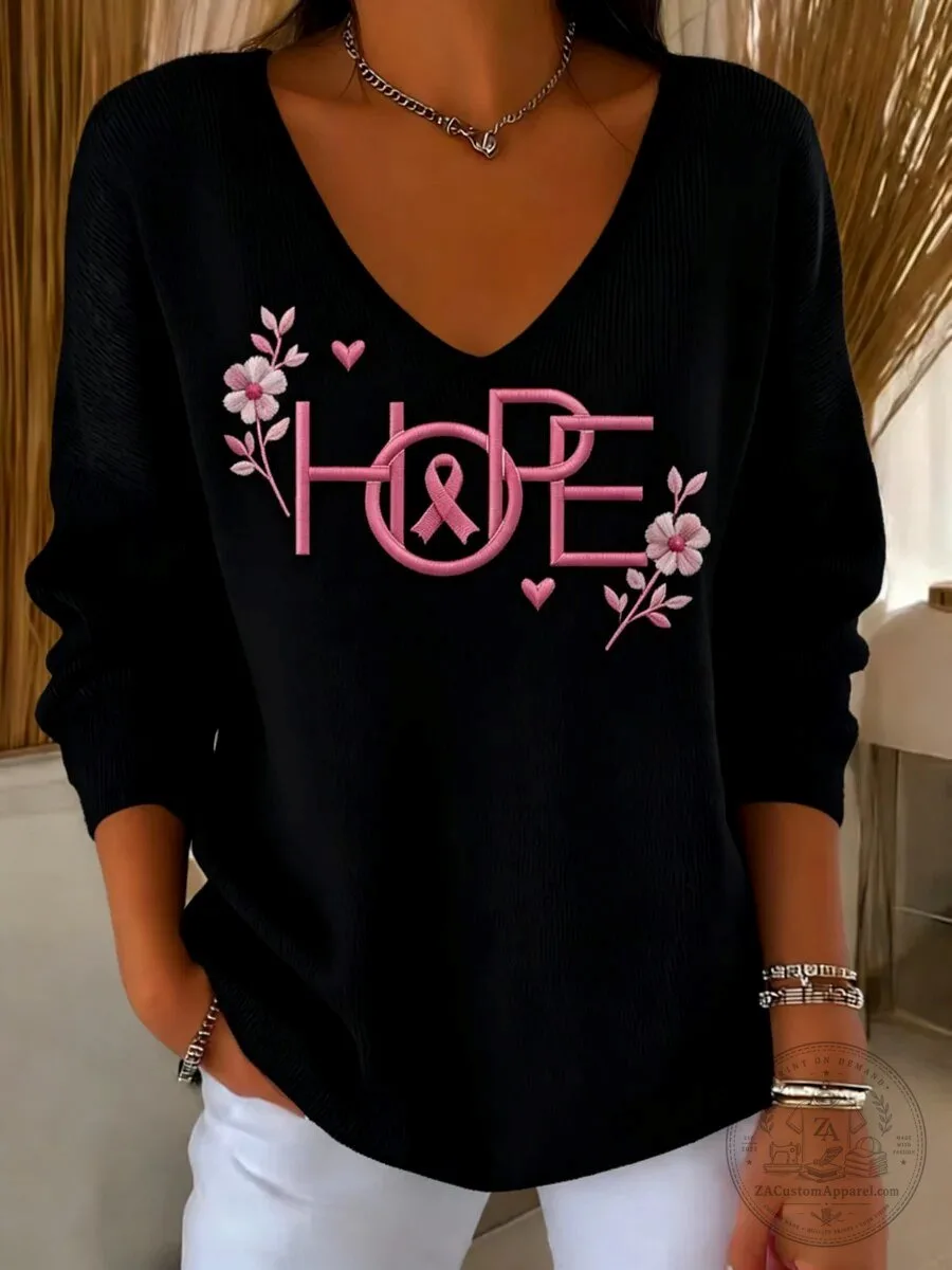 Pink Hope Breast Cancer Awareness Month V-Neck Long Sleeve Sweater Top 5 Pink Hope Breast Cancer Awareness Month V-Neck Long Sleeve Sweater Top
