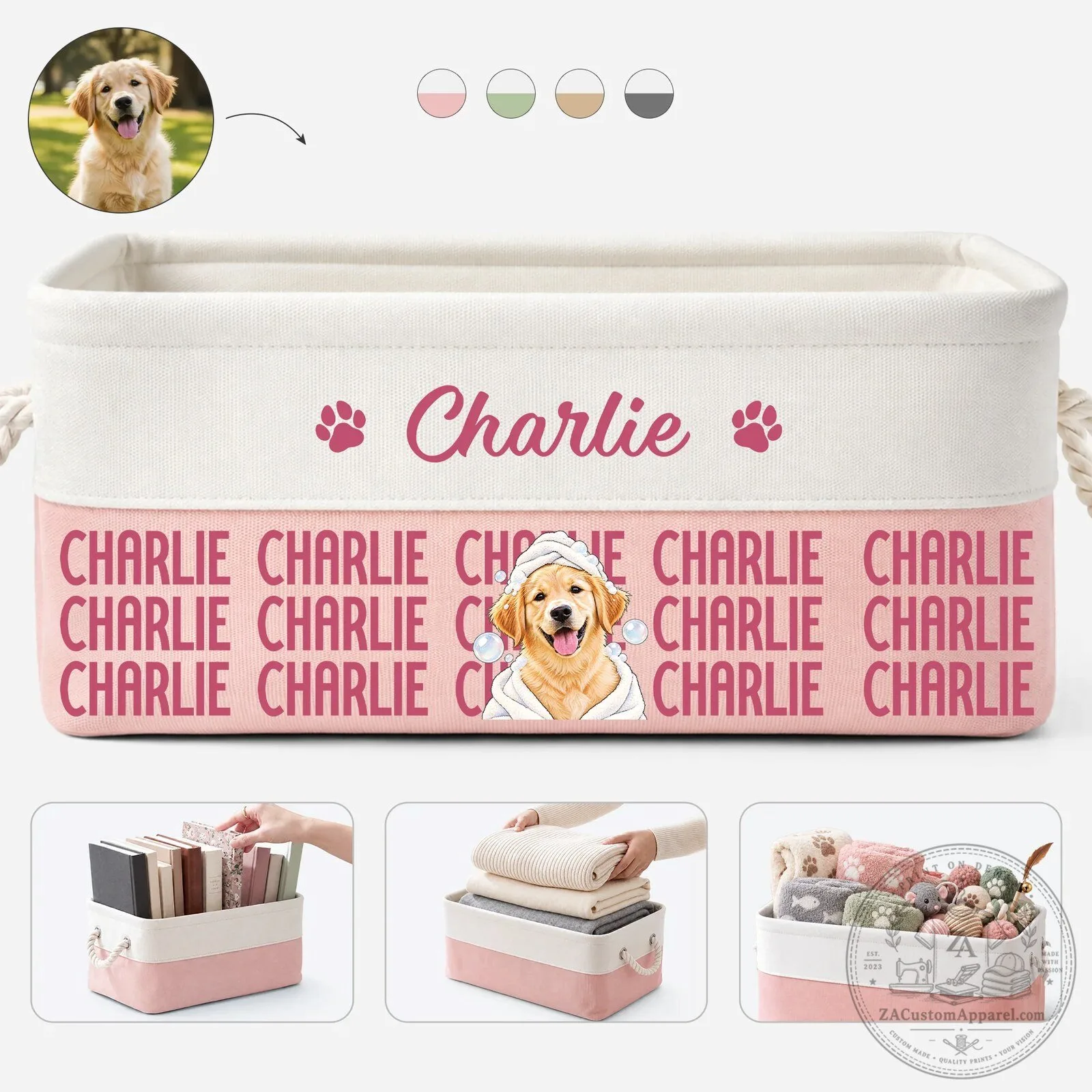 Personalized Pet Dog Photo Storage Basket with Name, Custom Pet Toy Bin Organizer