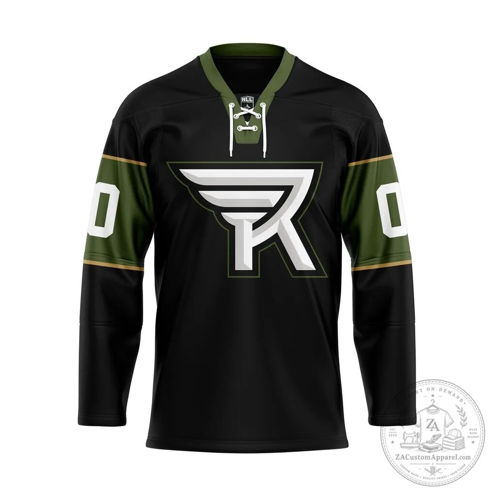 Rochester Knighthawks Black and Olive Green NLL Hockey Jersey with Lace-Up Neck 2 Rochester Knighthawks Black and Olive Green NLL Hockey Jersey with Lace-Up Neck