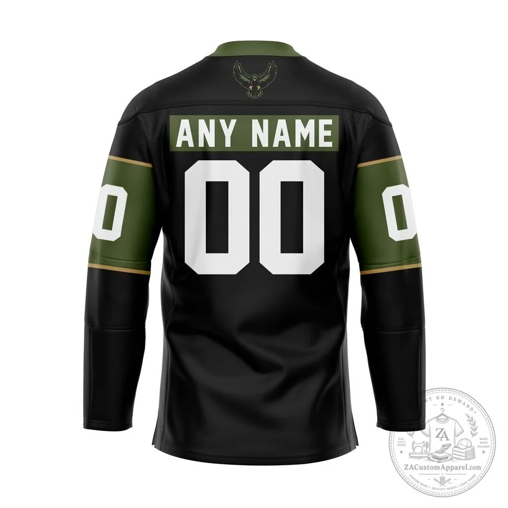 Rochester Knighthawks Black and Olive Green NLL Hockey Jersey with Lace-Up Neck 3 Rochester Knighthawks Black and Olive Green NLL Hockey Jersey with Lace-Up Neck