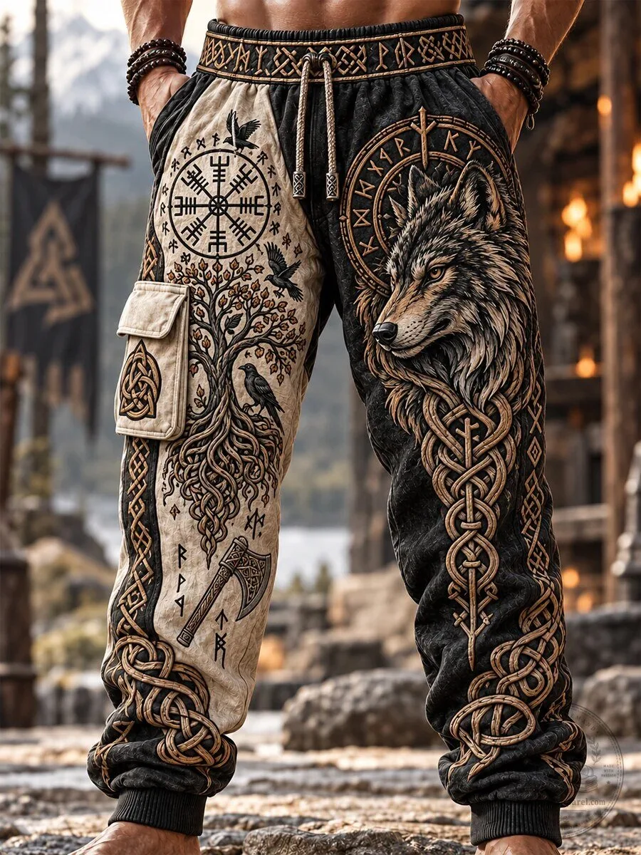 Viking Wolf and Yggdrasil Tree Art Men's Casual Sweatpants with Pockets