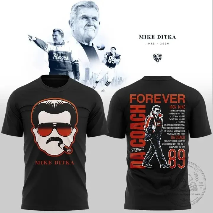 Black Graphic T-Shirt Featuring Football Legend Mike Ditka of the Chicago Bears