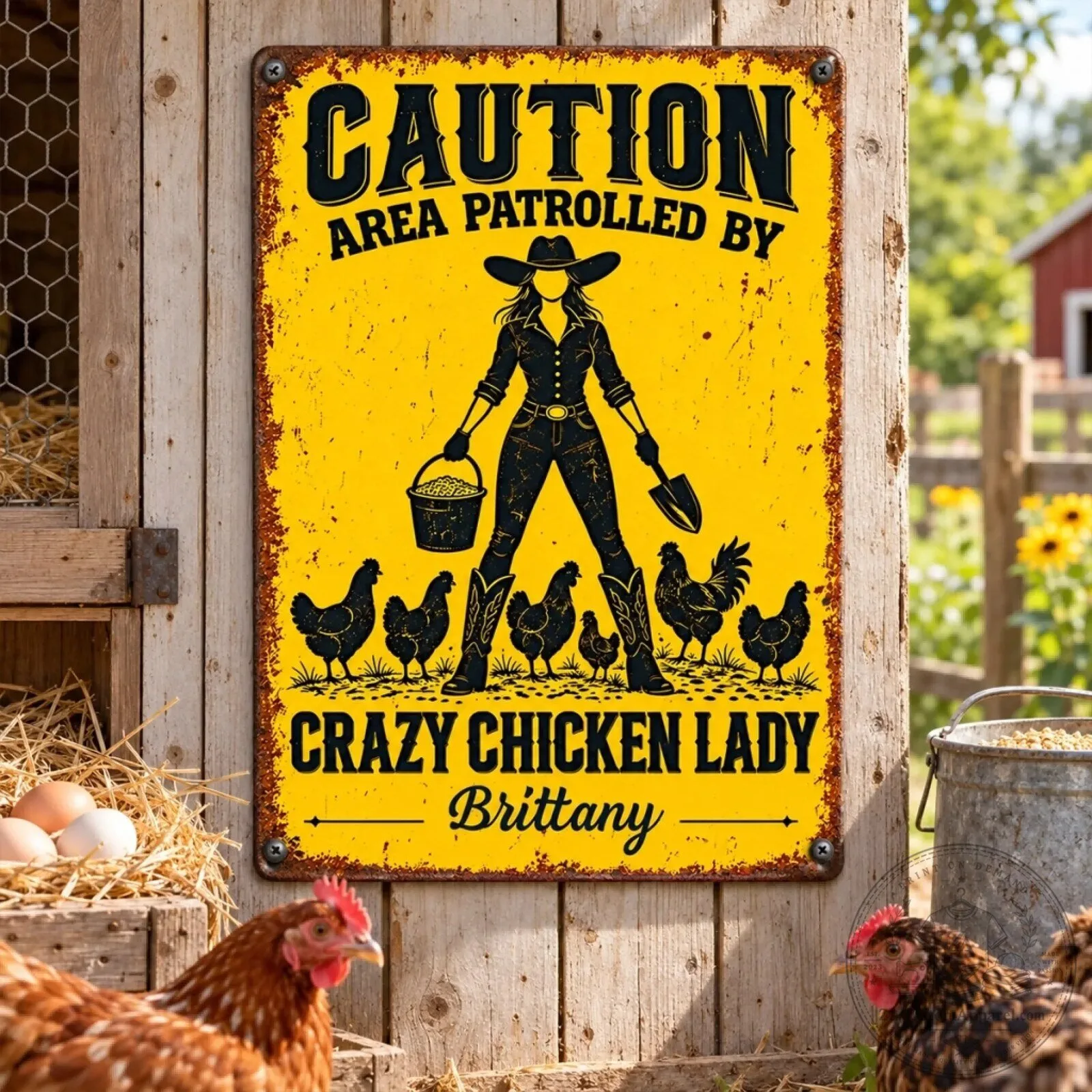 Personalized Crazy Chicken Lady Caution Area Patrolled by Metal Sign 6 Personalized Crazy Chicken Lady Caution Area Patrolled by Metal Sign