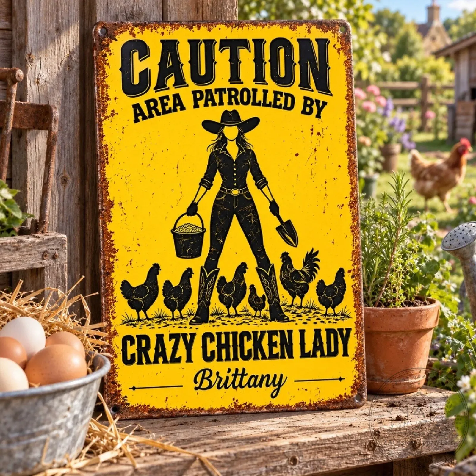 Personalized Crazy Chicken Lady Caution Area Patrolled by Metal Sign 8 Personalized Crazy Chicken Lady Caution Area Patrolled by Metal Sign