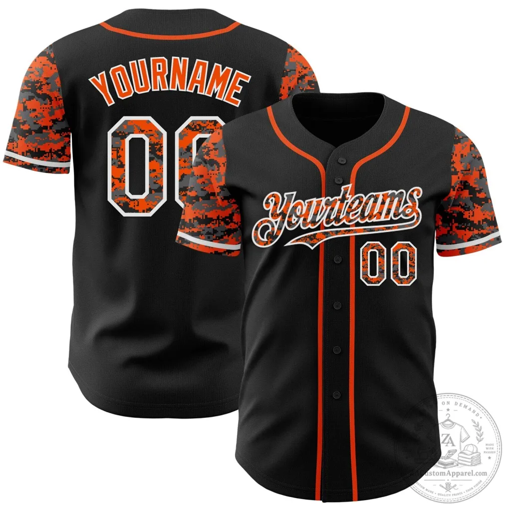 Custom Black Orange White Digital Camouflage Two Tone Baseball Jersey Custom Black Orange White Digital Camouflage Two Tone Baseball Jersey