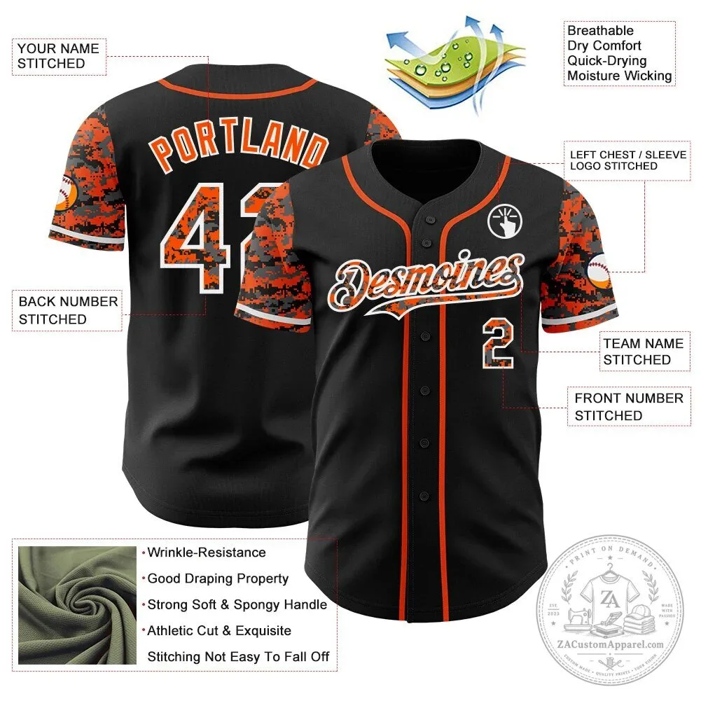 Custom Black Orange White Digital Camouflage Two Tone Baseball Jersey 7 Custom Black Orange White Digital Camouflage Two Tone Baseball Jersey
