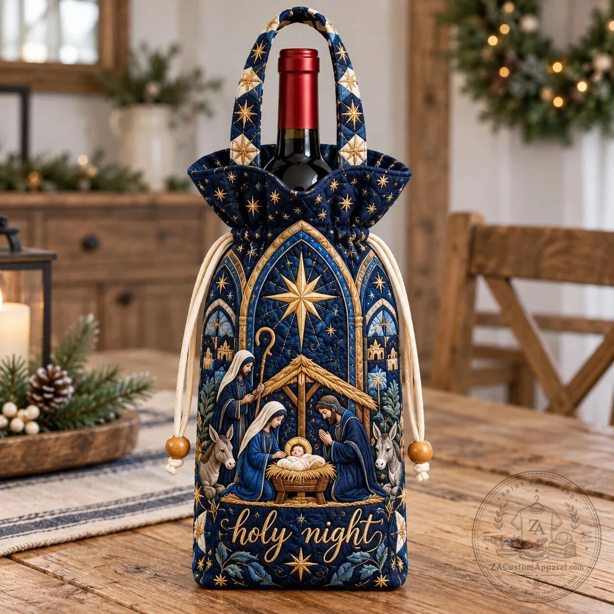 Holy Night Quilted Christmas Nativity Scene Wine Bottle Carrier Bag
