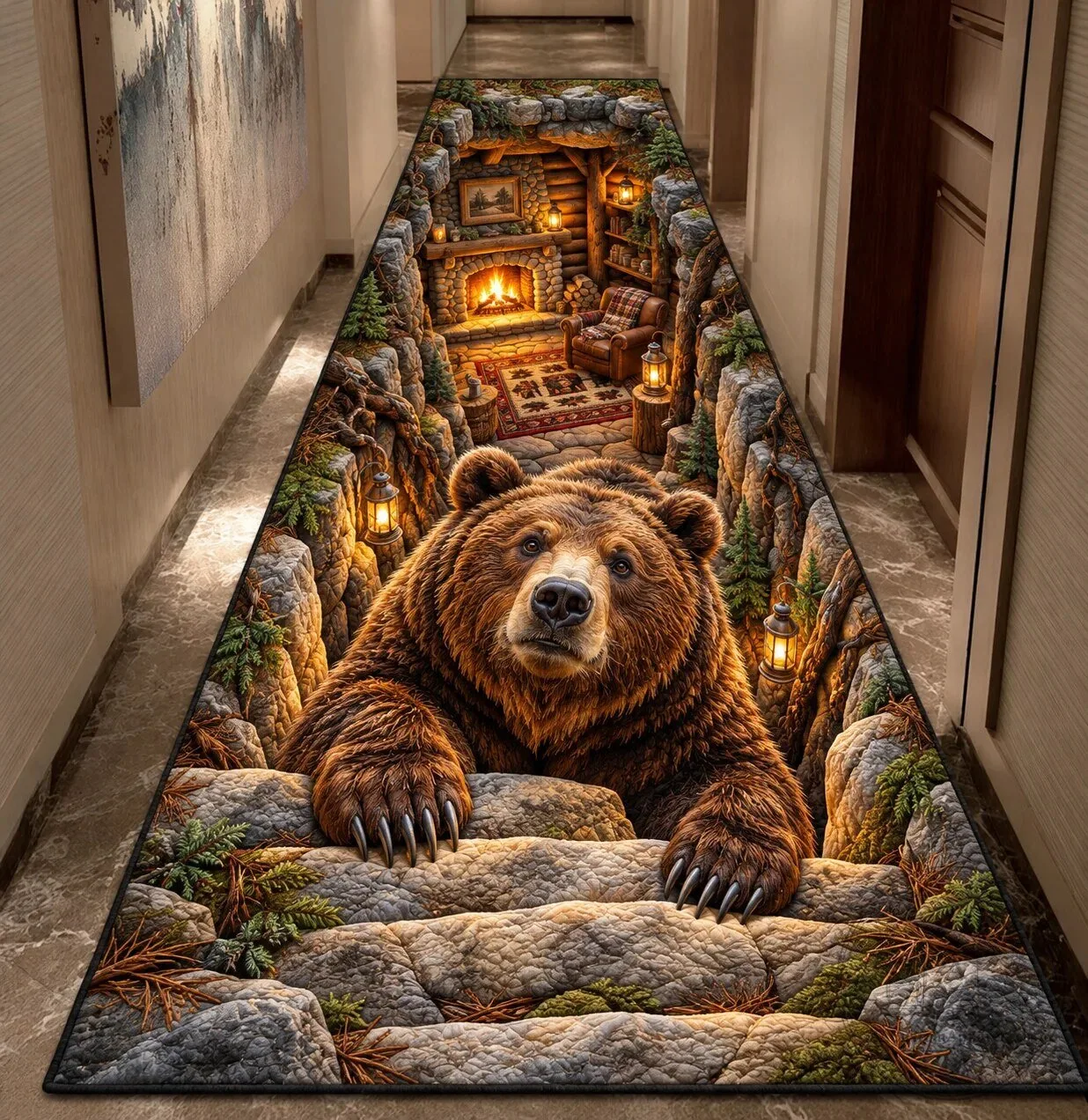 Grizzly Bear Lodge Cabin Forest Themed Hallway Runner Rug