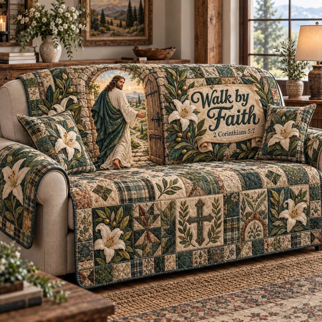 Walk by Faith Jesus Quilted Sofa Cover with Lilies and Cross Design Walk by Faith Jesus Quilted Sofa Cover with Lilies and Cross Design
