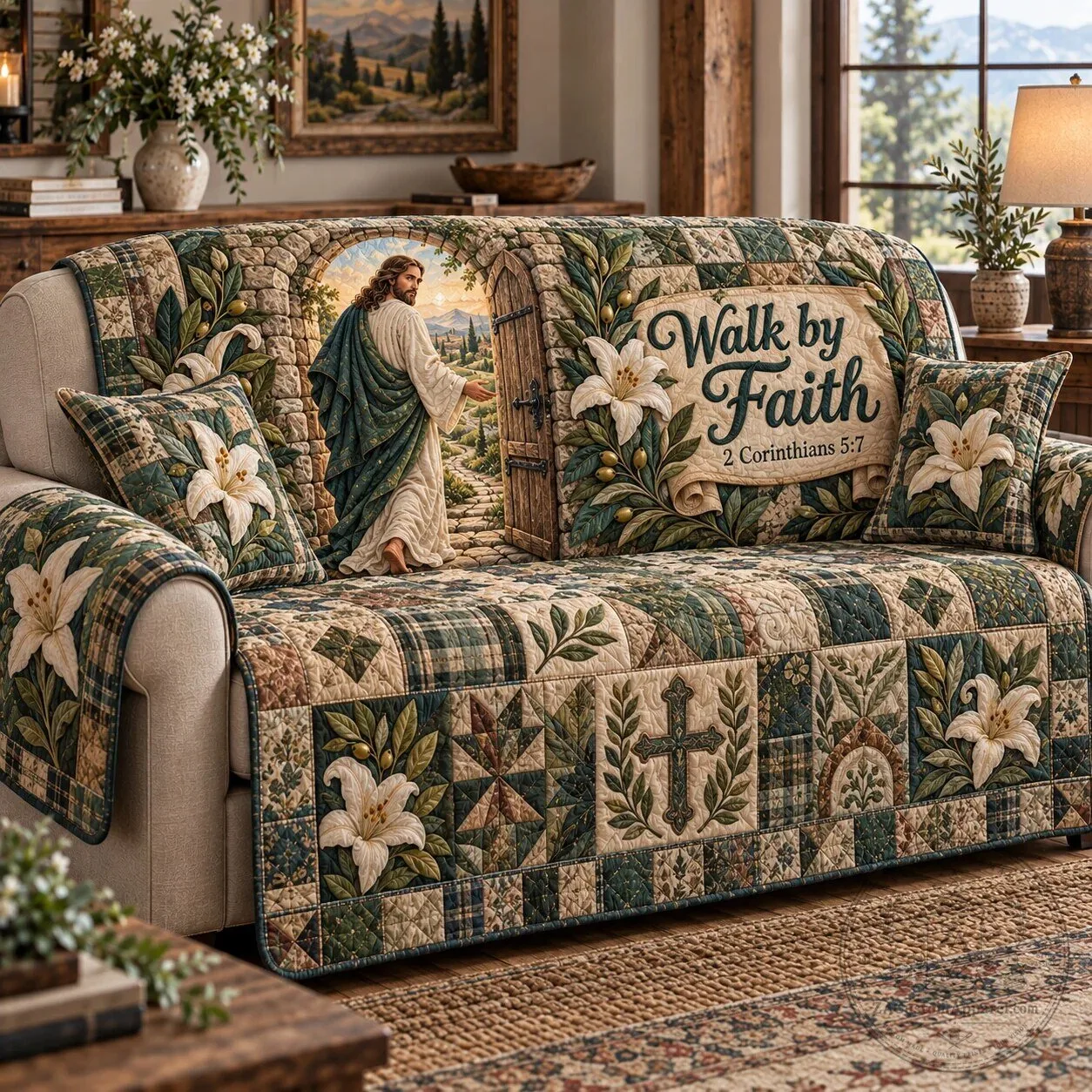 Walk by Faith Jesus Quilted Sofa Cover with Lilies and Cross Design