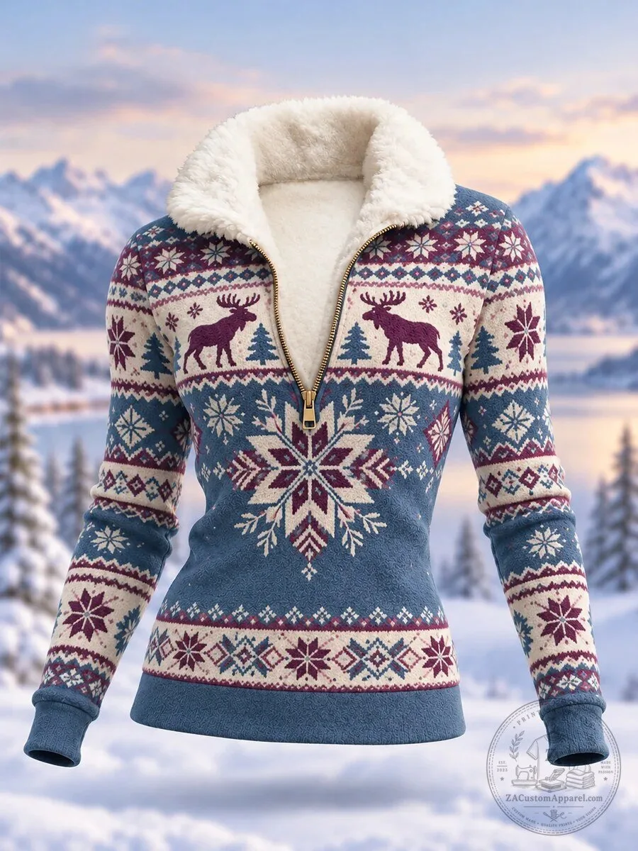 Geometric Moose and Snowflake Nordic Pattern Faux Fur Collar Quarter Zip Pullover
