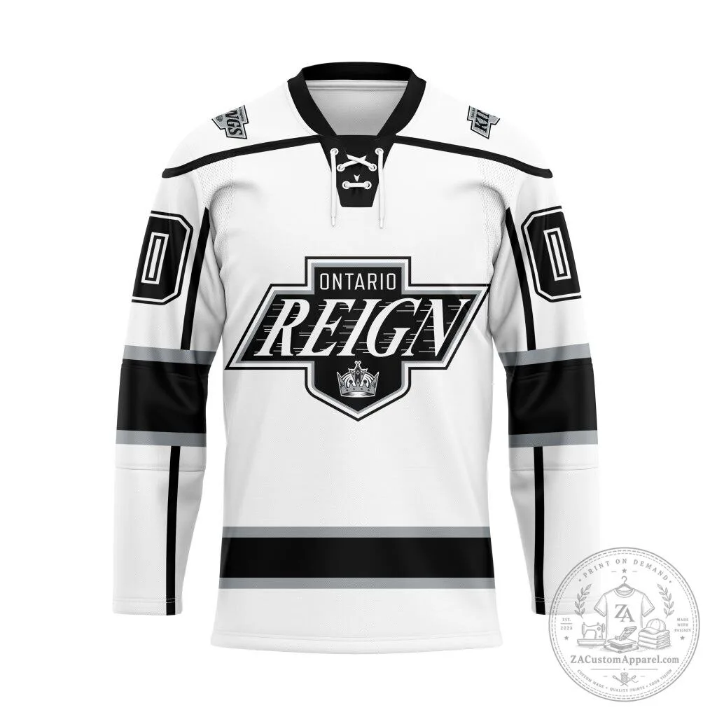 Ontario Reign Personalized White and Black Ice Hockey Jersey 2 Ontario Reign Personalized White and Black Ice Hockey Jersey