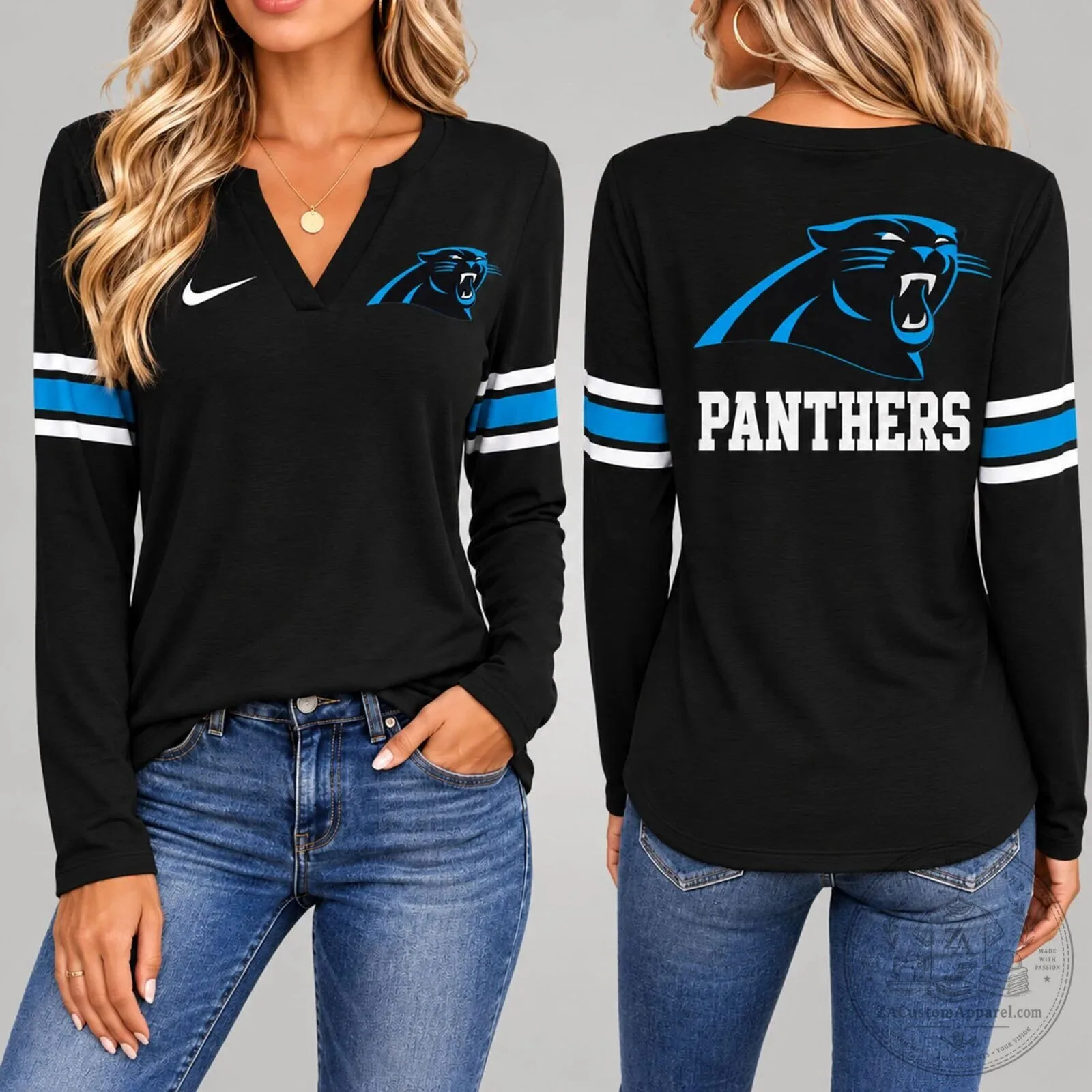 Carolina Panthers NFL Team Logo Black V-Neck Long Sleeve Shirt for Women