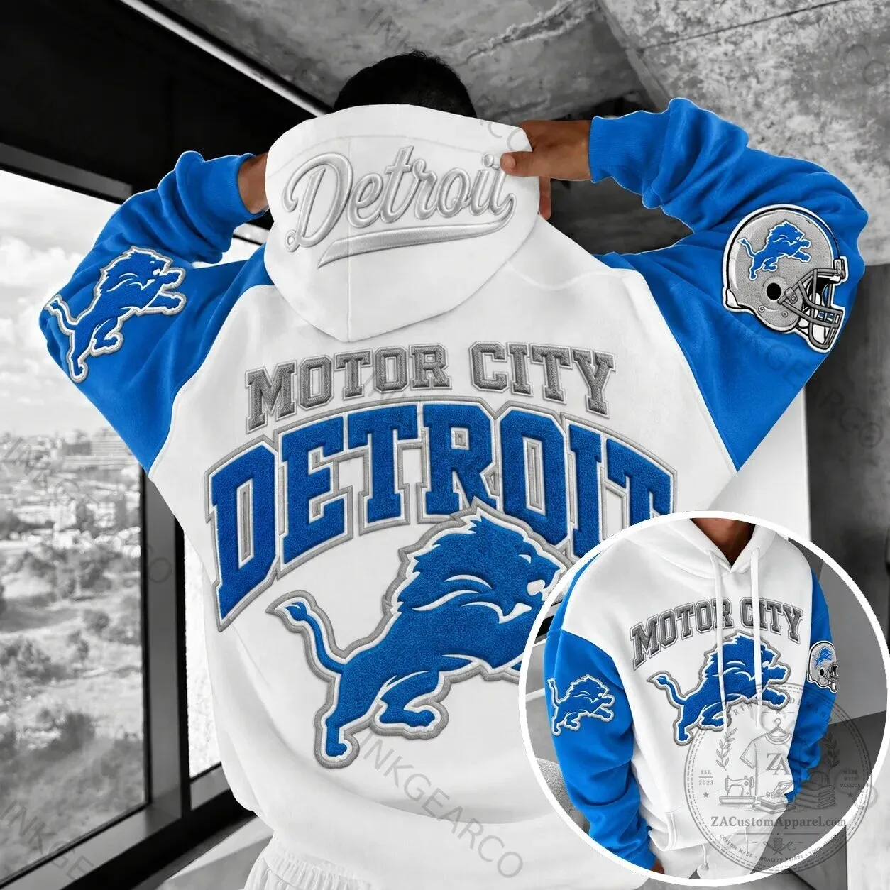 Detroit Lions Motor City Football Team White and Blue Hoodie